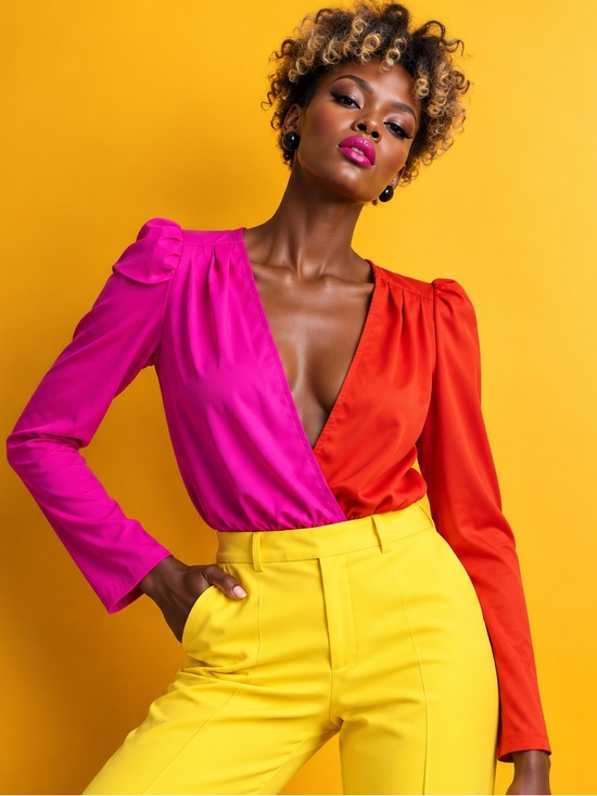 TCEC Tops - TCEC Two-Tone Pink and Red Long Sleeve Surplice Wrap Bodysuit - Size L